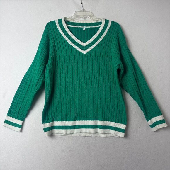 sweater sz Mediumm Green white V Neck Cable Knit Tennis Prep  Tenniscore Preppy - Picture 1 of 6